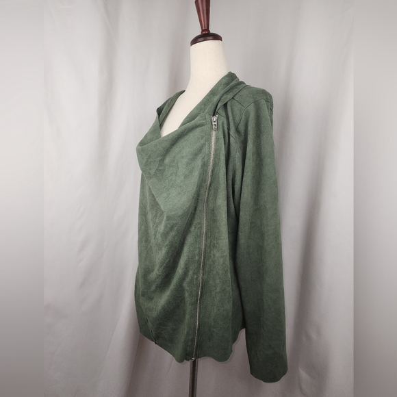 BlankNYC Army Green Asymmetrical Zip Moto Jacket Faux Suede Draped Utility Chic - Picture 6 of 7